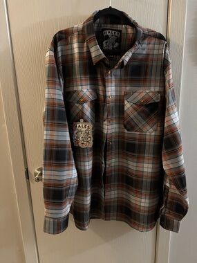 BNWT Hales Men's bike night Long-Sleeve Plaid Shirt - Gray & Orange size 2xl